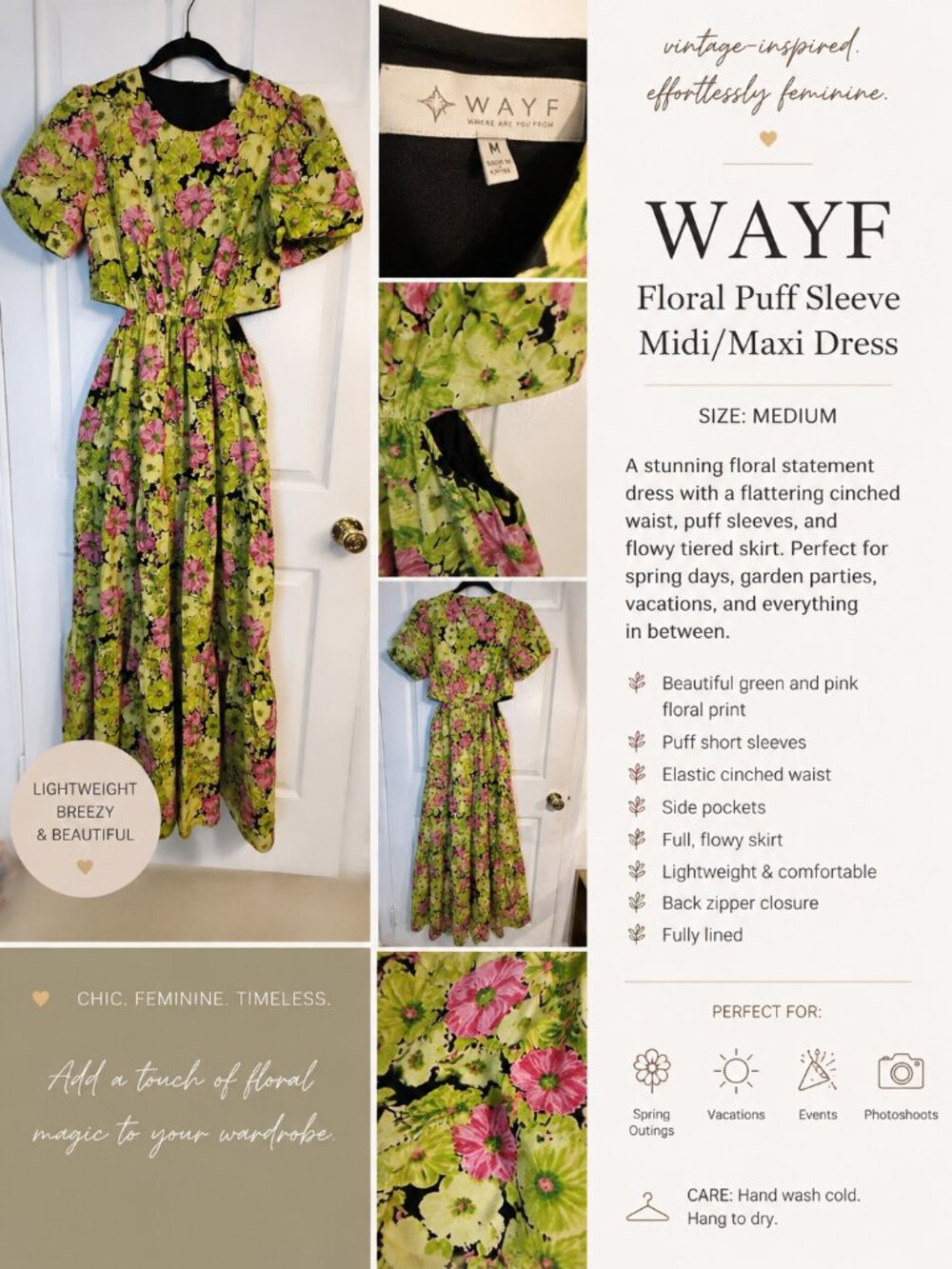 WAYF Floral Cutout Midi Maxi Dress Green Pink Puff Sleeve Pockets Size Medium